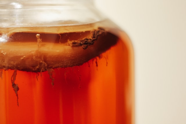 A glass jar with a SCOBY and red liquid