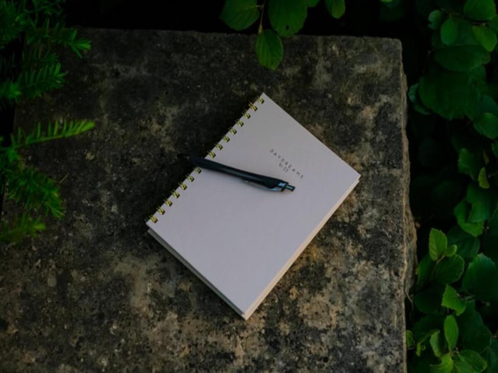 A notebook with a pen.