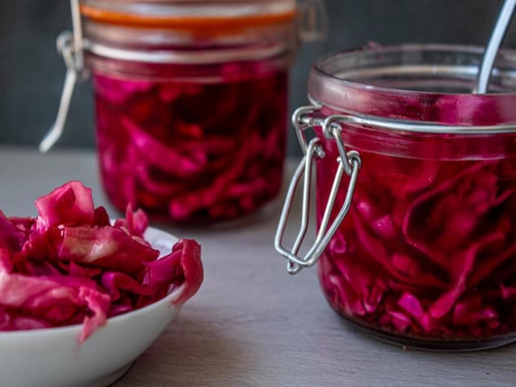 Jars of red cabbage.