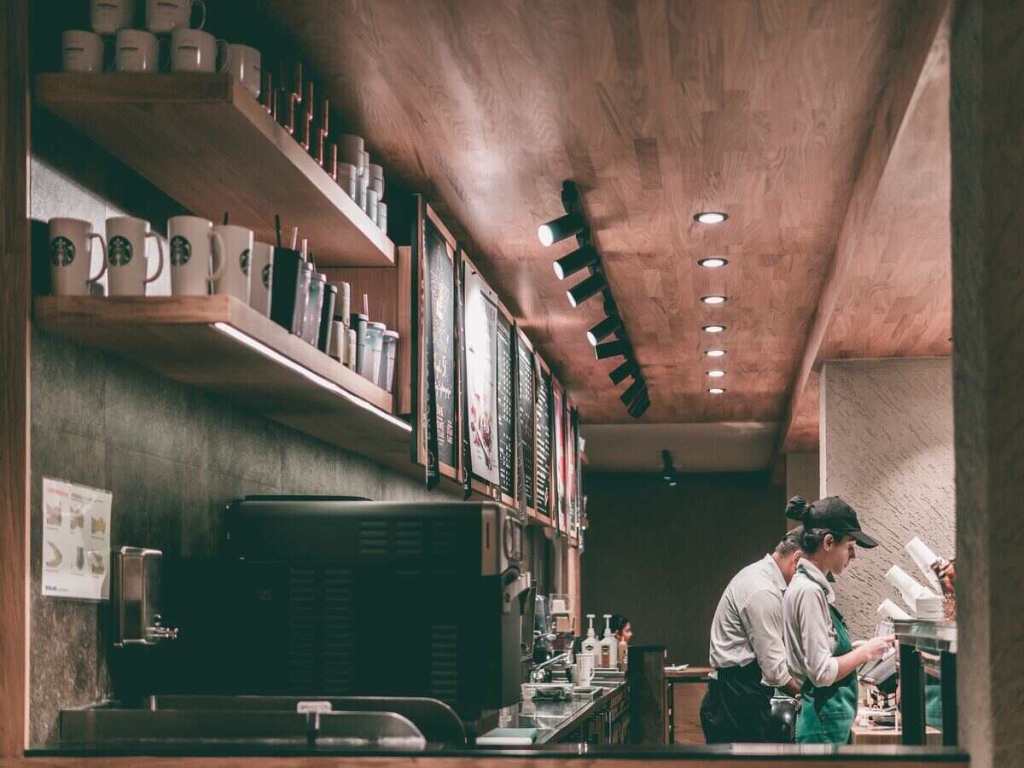 The inside of a Starbucks coffee shop.