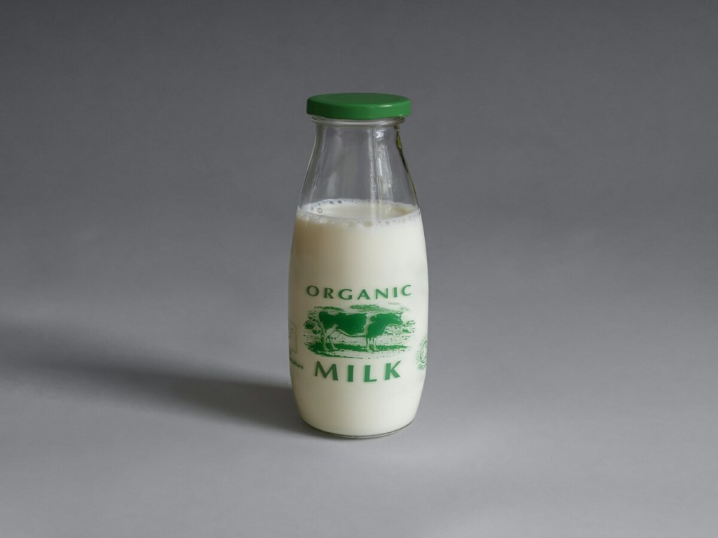 A bottle of organic milk.
