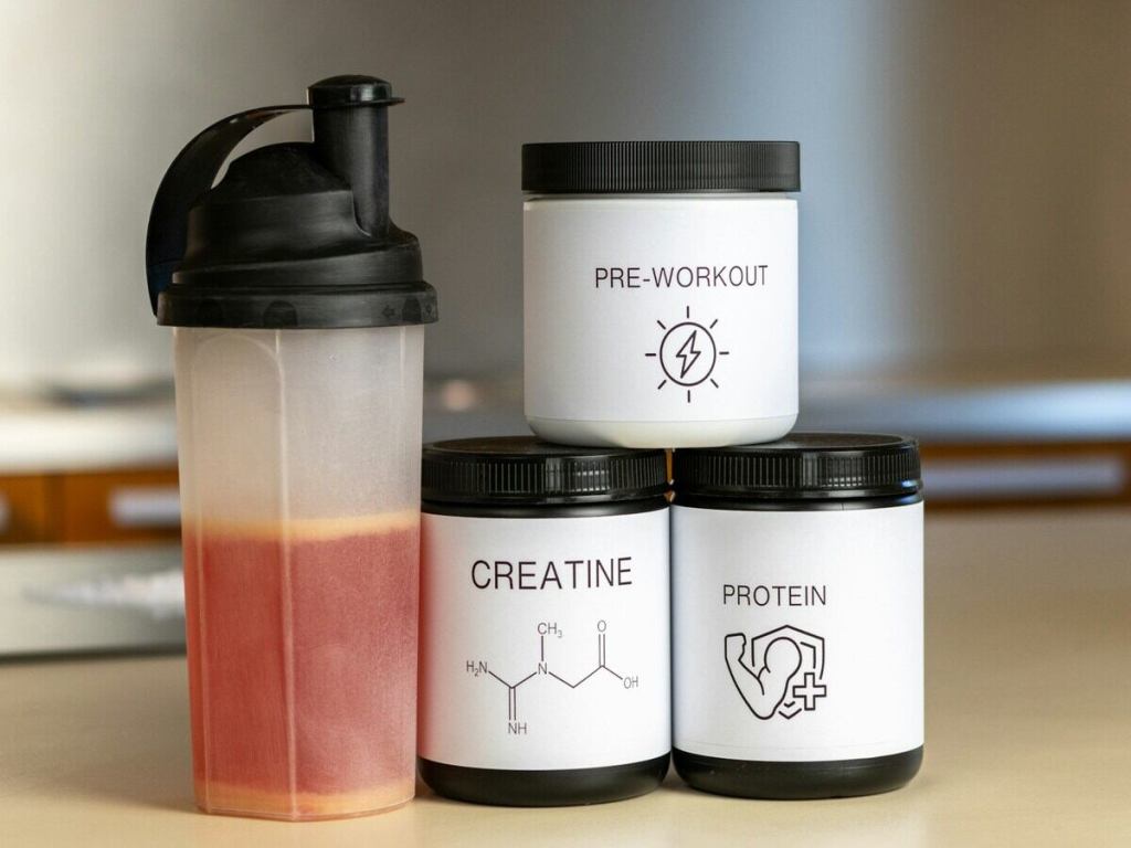 Protein powders displayed on a table.