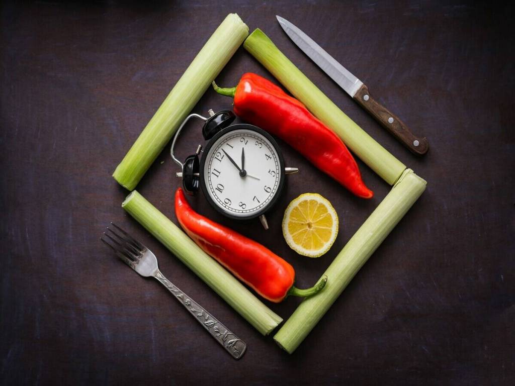 A clock surrounded by red peppers and celery sticks.