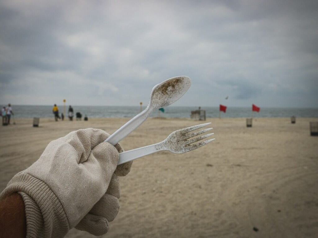 A person holding plastic utensils while cleaning the beach.