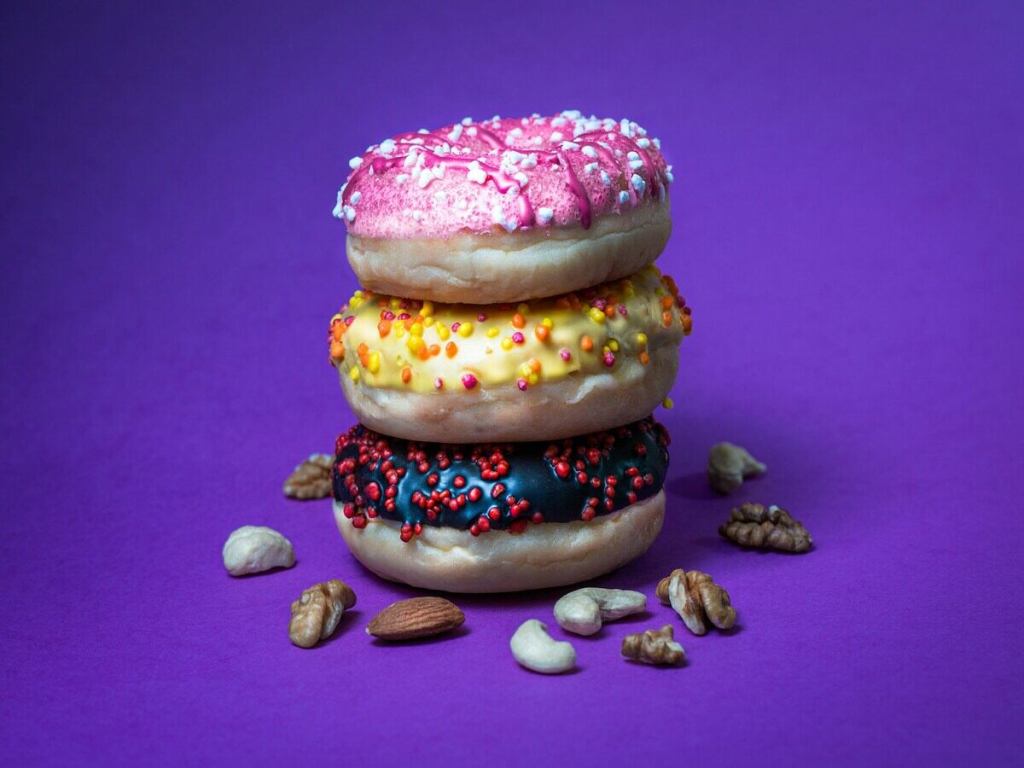 Donuts stacked on top of each other.