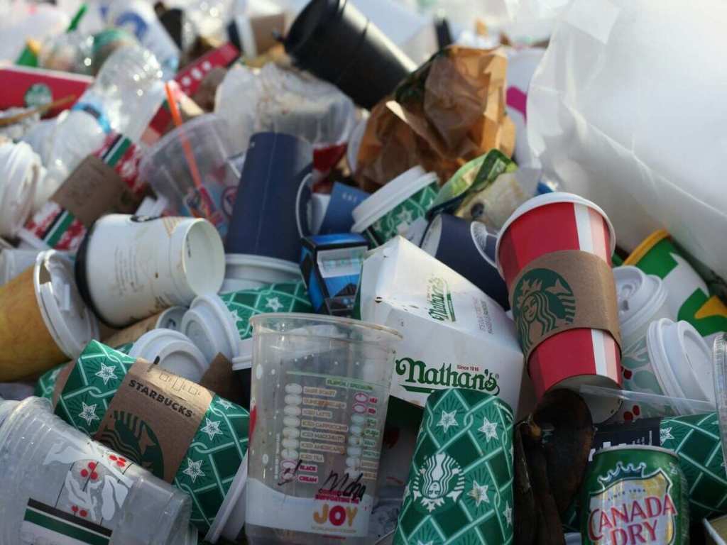Different types of single-use plastic and food packaging are collected together.